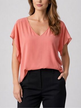 Rachel Mara Silk Coral Feminine V-Neck Dolman Sleeves Ruffles Blouse Size M